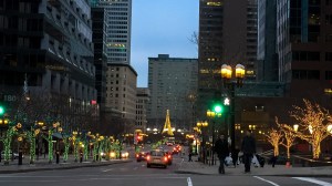 Christmas lights around trees downtown boulevard