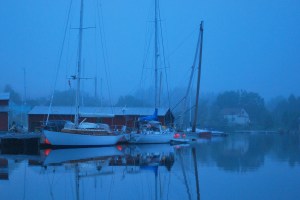 Marina in the blue evening mist